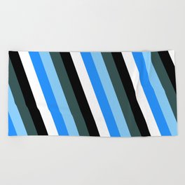 [ Thumbnail: Dark Slate Gray, Light Sky Blue, Blue, White, and Black Colored Lines Pattern Beach Towel ]