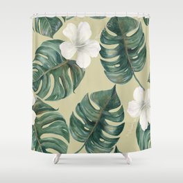 Watercolor seamless tropical pattern with exotic plants. Palm and deliciosa leaves, hibiscus Shower Curtain