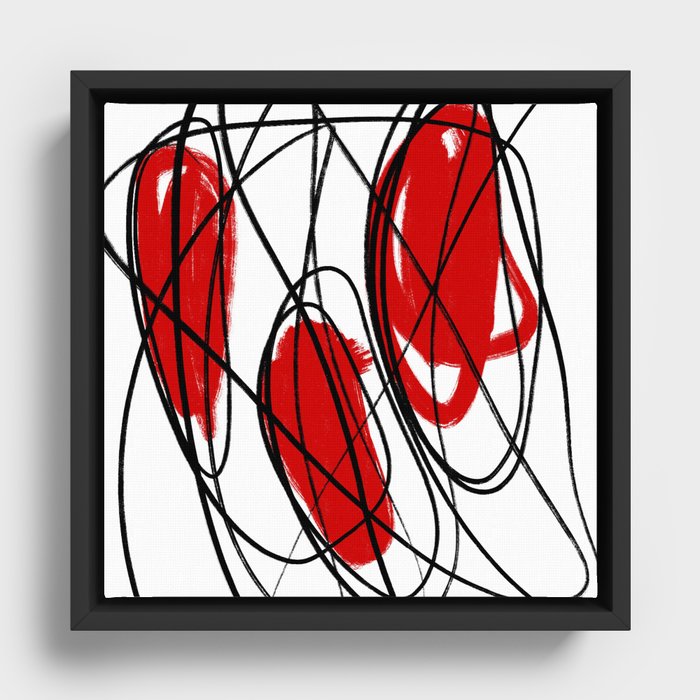 Three Circle Red, Black, and White Minimalist Abstract Linear Dot Painting Framed Canvas
