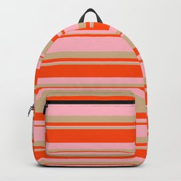 [ Thumbnail: Red, Light Pink, and Tan Colored Lined/Striped Pattern Backpack ]