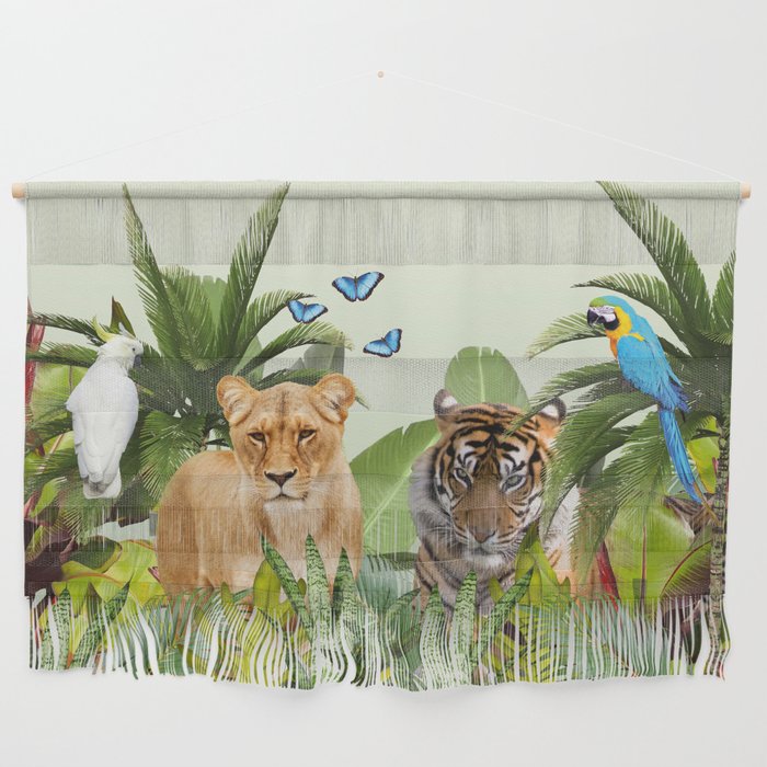 Lion Tiger Tropical Jungle Palm Banana Leaves Macaw Birds Butterflies Wall Hanging