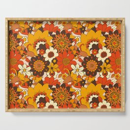 Retro 70s Flower Power, Floral, Orange Brown Yellow Psychedelic Pattern Serving Tray