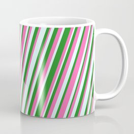 [ Thumbnail: Forest Green, Hot Pink, and Light Cyan Colored Stripes/Lines Pattern Coffee Mug ]
