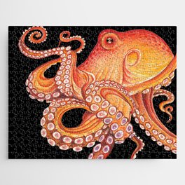 Red Orange Octopus Tentacles Kraken on Black Watercolor Art Jigsaw Puzzle