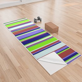 [ Thumbnail: Colorful Brown, Medium Slate Blue, Blue, Chartreuse & Light Cyan Colored Striped/Lined Pattern Yoga Towel ]