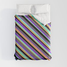 [ Thumbnail: Eye-catching Black, Dim Grey, Purple, Aquamarine & Brown Colored Stripes/Lines Pattern Duvet Cover ]