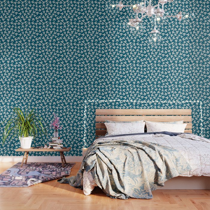 White leaves on teal Wallpaper