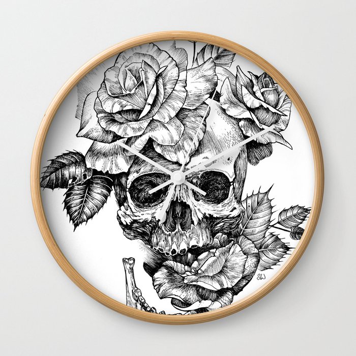 Black And White Skull With Roses Pen Drawing Wall Clock By