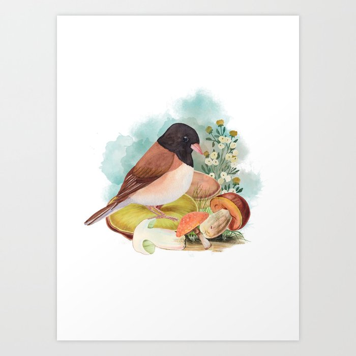 Junco and Mushrooms Art Print