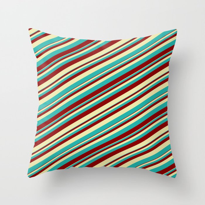 Pale Goldenrod, Light Sea Green, and Dark Red Colored Striped Pattern Throw Pillow