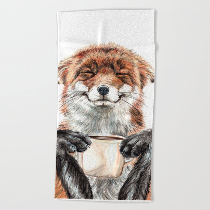 " Morning fox " Red fox with her morning coffee Beach Towel