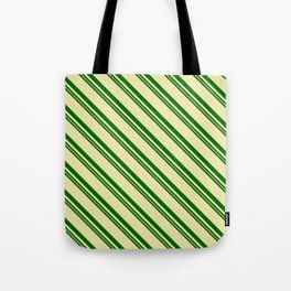[ Thumbnail: Dark Green and Pale Goldenrod Colored Lines Pattern Tote Bag ]