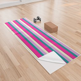 [ Thumbnail: Colorful Light Yellow, Plum, Dark Cyan, Deep Pink & Black Colored Lined Pattern Yoga Towel ]