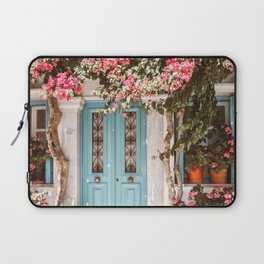 Tinos Street view in Greece with Blue Door and Pink Flowers,  Cycladitic Architecture in Greek Islands Laptop Sleeve