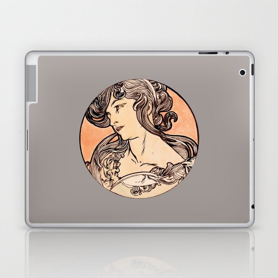 Art Nouveau Portrait of Woman II by Alphonse Mucha (Dark Greige Background) Laptop & iPad Skin
