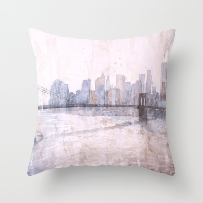Brooklyn Bridge and skyscrapers of Manhattan at sunset in New York City- New York, USA.  Watercolor Throw Pillow