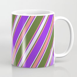 [ Thumbnail: Dark Olive Green, Light Coral, Purple & Lavender Colored Stripes/Lines Pattern Coffee Mug ]