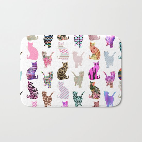 Girly Whimsical Cats aztec floral stripes pattern Bath Mat