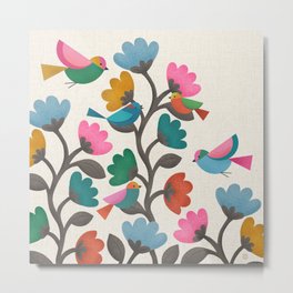 Birds & Blossoms Metal Print | Pattern, Bird, Stylized, Birds, Drawing, Careycopeland, Colorful, Boho, Floral Pattern, Folk Art 