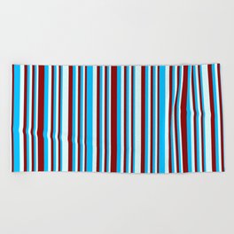 [ Thumbnail: Deep Sky Blue, Dark Red & Light Cyan Colored Pattern of Stripes Beach Towel ]