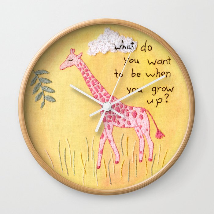 Pink Giraffe Embroidery - "What Do You Want to Be When You Grow Up?" Wall Clock