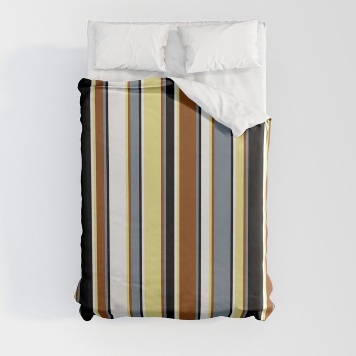 Eyecatching Light Slate Gray, Brown, Tan, White & Black Colored Lines/Stripes Pattern Duvet Cover