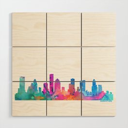 Houston Skyline Watercolor Blue Orange Pink Purple Green Cityscape Houston Texas US City Skyline Wood Wall Art