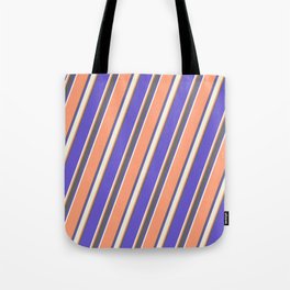 [ Thumbnail: Light Salmon, Dim Grey, Slate Blue, and Beige Colored Lined/Striped Pattern Tote Bag ]