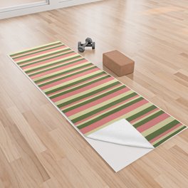 [ Thumbnail: Dark Olive Green, Light Coral, and Pale Goldenrod Colored Lined/Striped Pattern Yoga Towel ]
