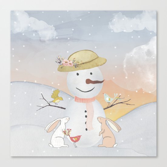 Winter Wonderland- Snowman birds and bunnies - Watercolor illustration Canvas Print