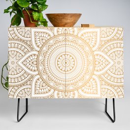 Gold Mandala Pattern Illustration With White Shimmer Credenza