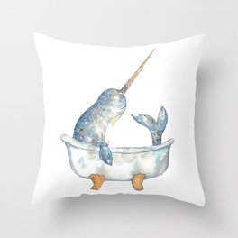  Narwhal whale taking bath watercolor Throw Pillow