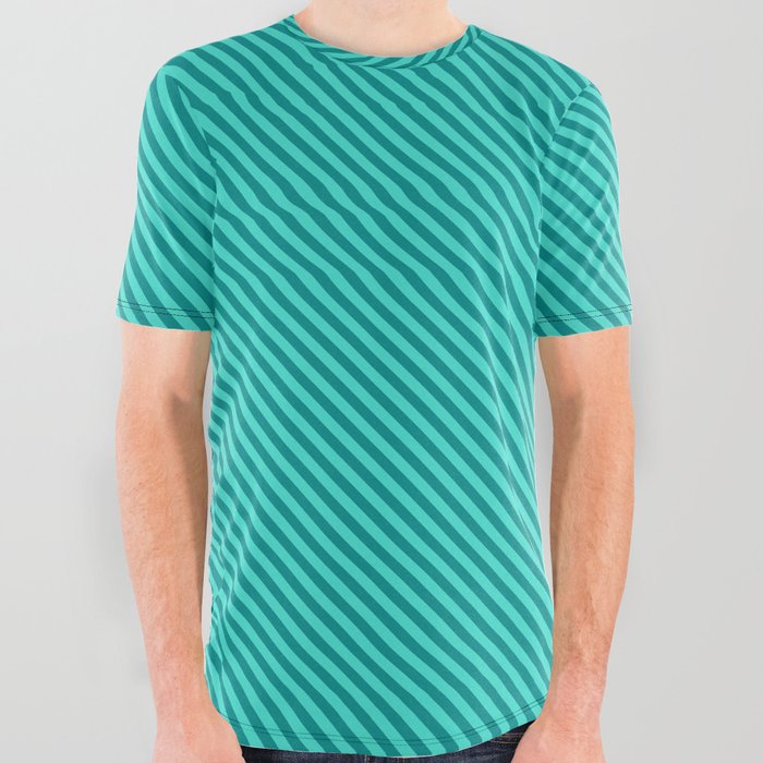 Turquoise and Dark Cyan Colored Lined/Striped Pattern All Over Graphic Tee