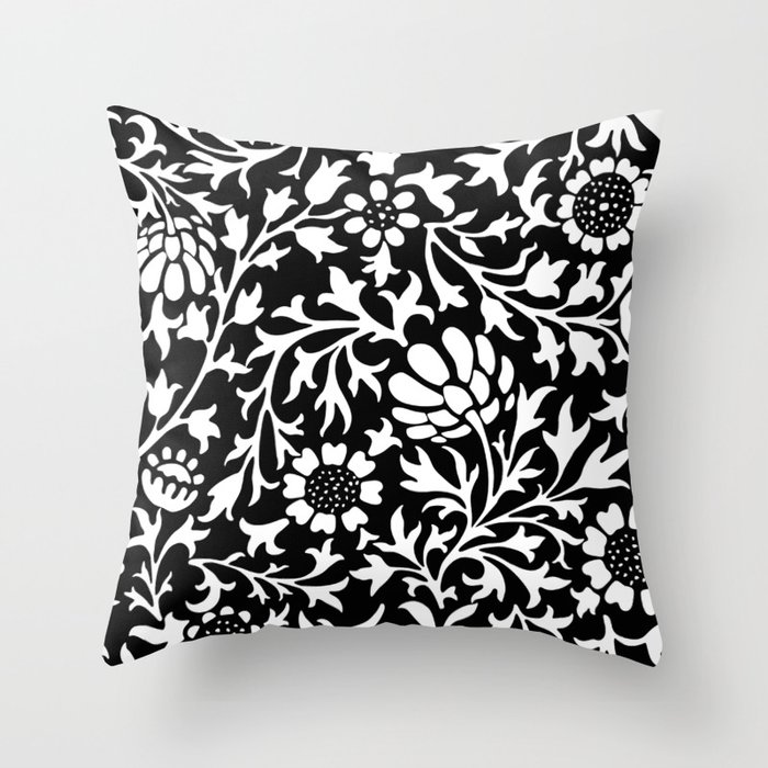 Black and White Nature Vintage Flowers Arabesque Garden Throw Pillow