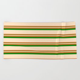 [ Thumbnail: Bisque, Chocolate, and Green Colored Striped Pattern Beach Towel ]