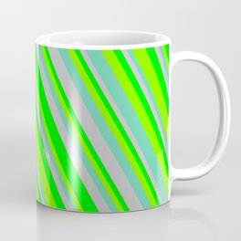 [ Thumbnail: Grey, Lime, Chartreuse, and Aquamarine Colored Lined/Striped Pattern Coffee Mug ]
