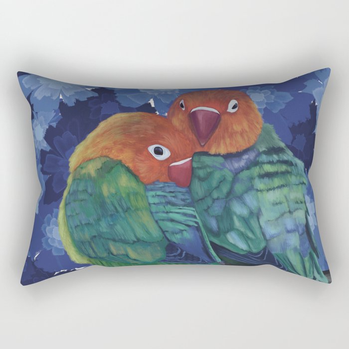 Two Lovebirds - Blue Flowers Rectangular Pillow