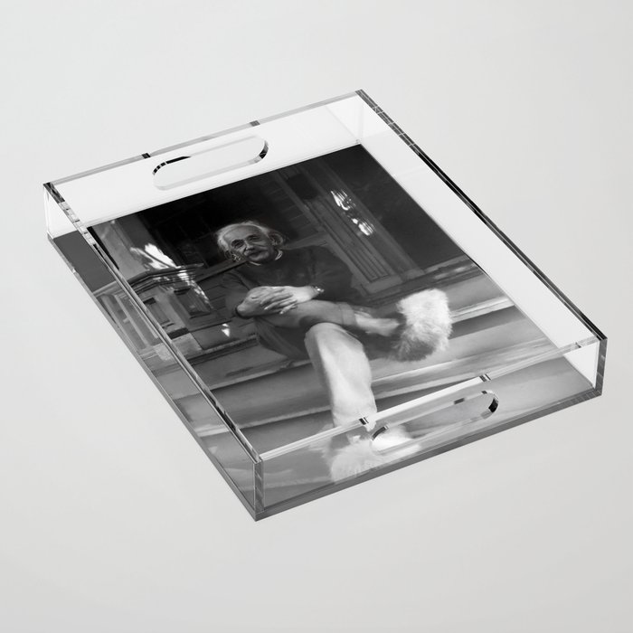 Funny Einstein in Fuzzy Slippers Classic Black and White Satirical Photography - Photographs Acrylic Tray