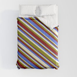 [ Thumbnail: Green, Maroon, Royal Blue, and Beige Colored Stripes/Lines Pattern Comforter ]