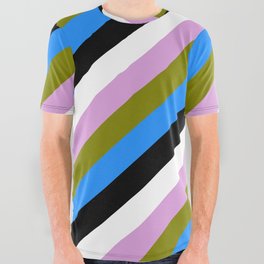 [ Thumbnail: Eye-catching Plum, Green, Blue, Black, and White Colored Stripes Pattern All Over Graphic Tee ]