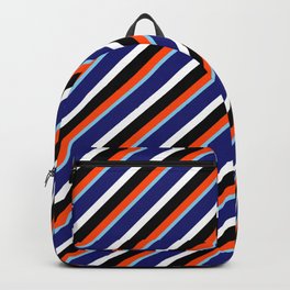[ Thumbnail: Red, Sky Blue, Midnight Blue, White, and Black Colored Lines/Stripes Pattern Backpack ]