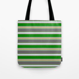 [ Thumbnail: Dim Gray, Tan, Green & Lavender Colored Pattern of Stripes Tote Bag ]