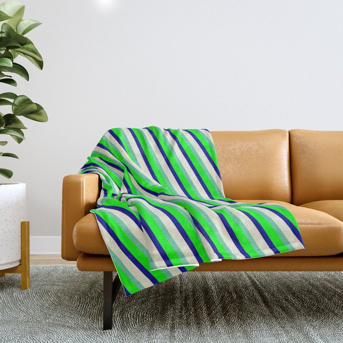 Aquamarine, Lime, Dark Blue & Beige Colored Lined/Striped Pattern Throw Blanket