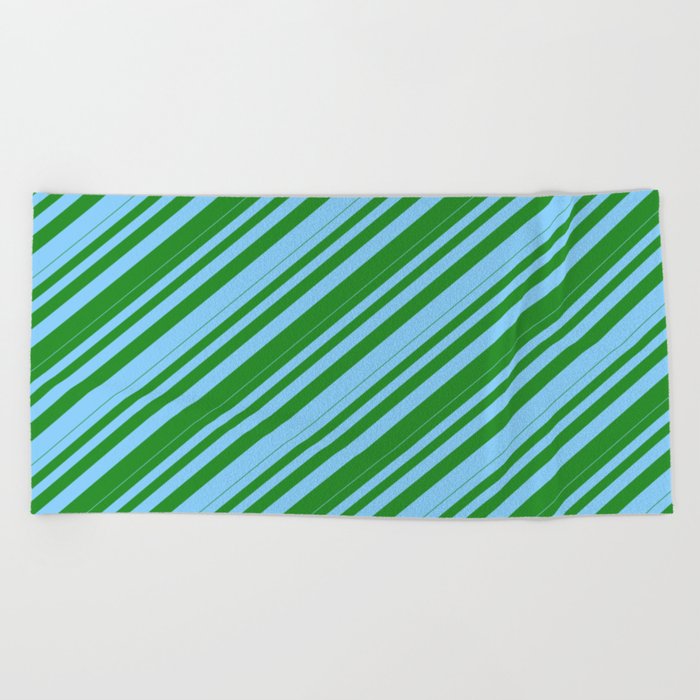 Light Sky Blue and Forest Green Colored Lines/Stripes Pattern Beach Towel