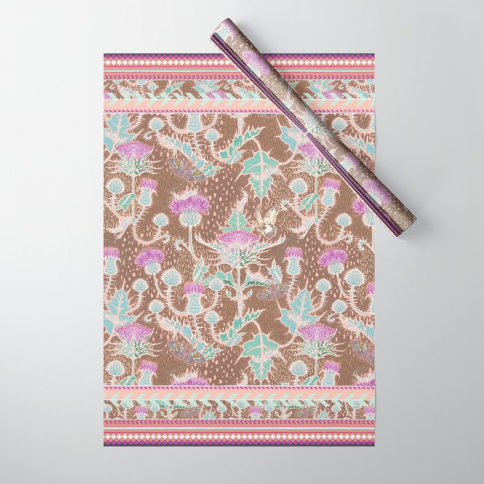 Folksy thistle pattern border in earthy brown Wrapping Paper