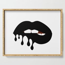 Black melting lipstick on bitting woman lips. Vector art print. Fashion pattern Serving Tray