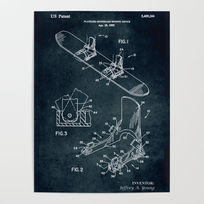 1995 - Plateless snowboard binding device patent art Poster