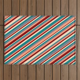 [ Thumbnail: Eye-catching Bisque, Teal, Slate Gray, Light Salmon & Dark Red Colored Stripes Pattern Outdoor Rug ]