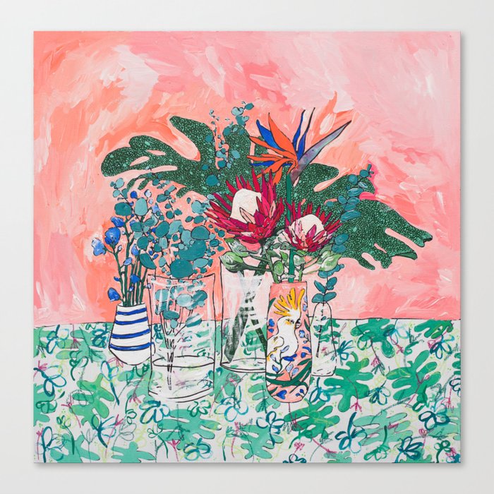 Cockatoo Vase - Bouquet of Flowers on Coral and Jungle Canvas Print