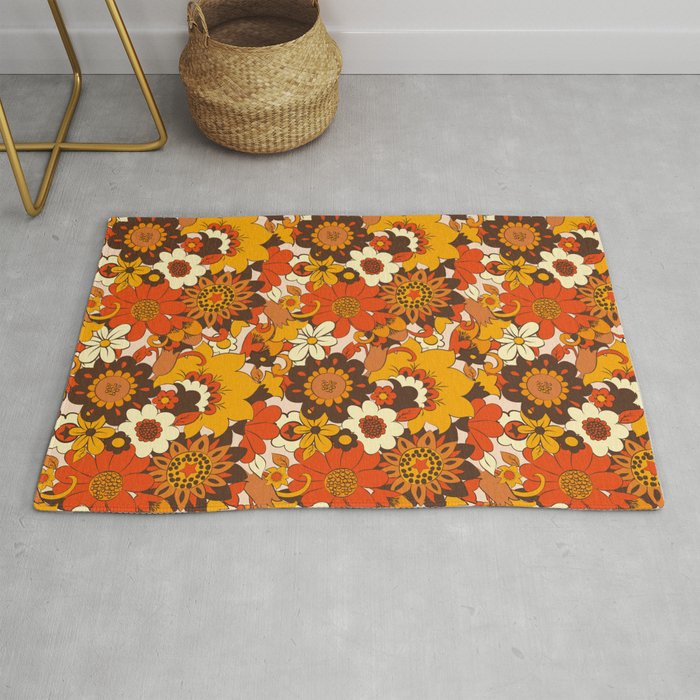 Retro 70s Flower Power, Floral, Orange Brown Yellow Psychedelic Pattern Rug